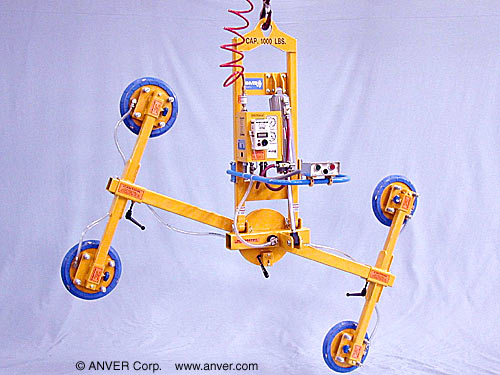 ANVER Four Pad Air Powered Vacuum Lifter with Powered Tilt and Manual Rotate for Lifting Aluminum Sheets 11 ft x 7 ft (3.4 m x 2.1 m) up to 1000 lb (454 kg)
